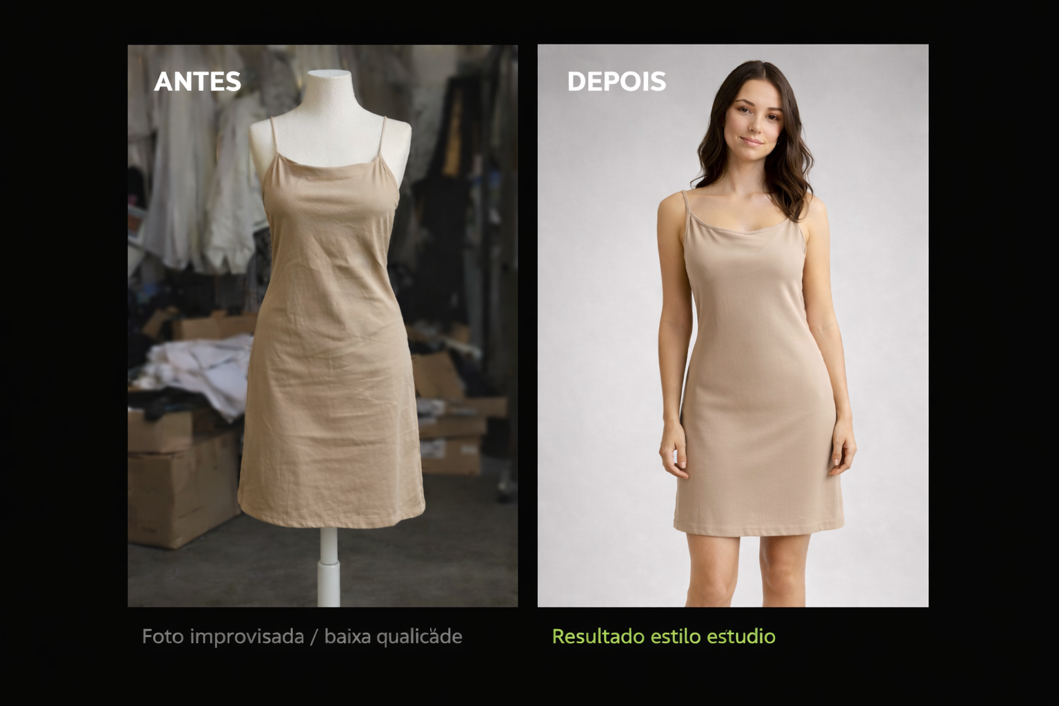 Antes e depois: manequim moulage vs modelo com fundo de estúdio